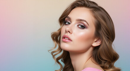 Woman with romantic makeup on a pastel gradient background. Dreamy beauty and cosmetology concept. For spring promotions and bridal salon advertising. Banner with copy space