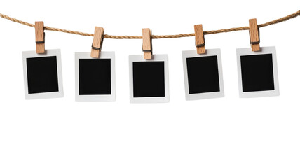 Capturing memories with blank frames hanging on a rustic rope, awaiting the stories and moments to fill their empty spaces on transparent background