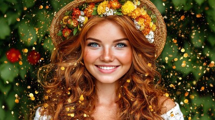 Woman with red hair wearing a floral hat smiling in front of decorated Christmas tree