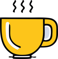 A simple cartoon drawing of a bright yellow mug with a handle emitting three wavy lines of steam