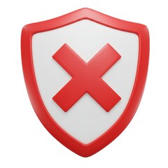 3d red shield icon with cross mark isolated on white background