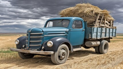 A vintage blue truck carrying hay bales drives through a rural field under a cloudy sky