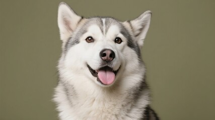 Close-up of a smiling Siberian Husky with a happy expression against a neutral background