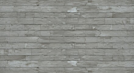 Weathered light gray wooden planks with peeling paint and cracks arranged horizontally in a staggered pattern