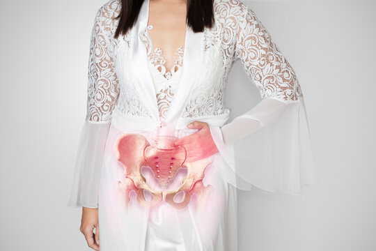 Illustration of female pelvic anatomy showing pain and discomfort, ideal for topics about women's health, pelvic disorders, gynecology, and medical education. Pelvic bone problems