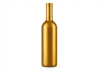 Photorealistic golden wine bottle mockup standing on transparent background, perfect for showcasing your design