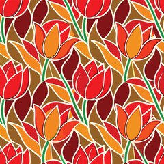 Seamless pattern of stylized red and orange tulips with green stems and brown leaves