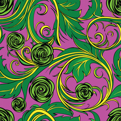 Vibrant green floral swirls and roses seamless pattern on a bright pink background