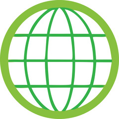 A simple stylized green globe icon with a grid pattern representing global connection and environmental consciousness