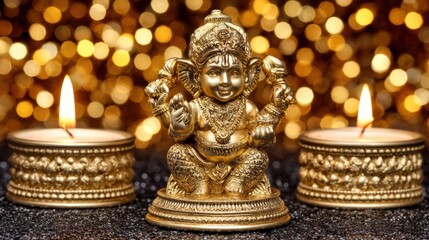 Fototapeta premium Small brass Ganesha idol with two lit candles on a dark surface, festive background with golden bokeh lights
