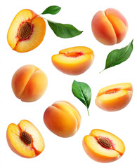 Falling peaches and peach slices with leaves isolated on a transparent background, top view