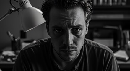 Pensive man sits alone under a desk lamp, lost in thought, his face etched with worry and contemplation.