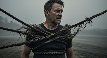 A man struggles against heavy ropes, symbolizing burdens and life's challenges in a somber, atmospheric setting.