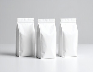 Minimalist White Coffee Bag Mockups: Three Plain Pouches on Neutral Background