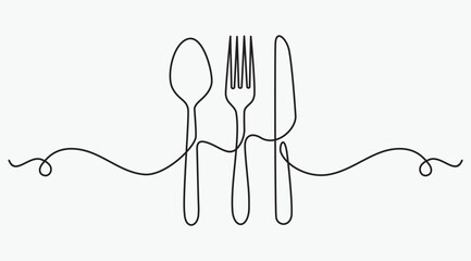 continuous line drawing of fork ,knife and spoon. minimalist one line drawing of cutlery. single line vector illustration. 