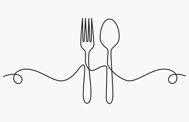 continuous line drawing of fork and spoon. minimalist one line drawing of cutlery. single line vector illustration. 