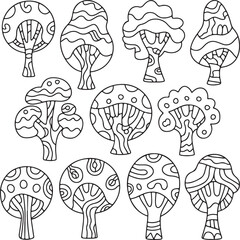 Round Tree Doodle Set with Stylized Trunks and Playful Canopy Designs