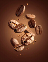 Roasted Coffee Beans Suspended Mid-Air on Warm Brown Background