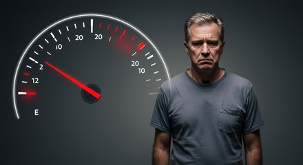 Depressed man stands before a fuel gauge nearing empty, symbolizing low energy and exhaustion.