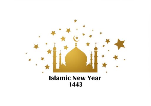 Celebrating islamic new year 1443 with mosque and stars on white