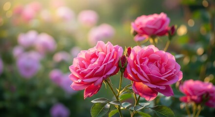 Beautiful Pink Roses Blooming in a Sunlit Garden