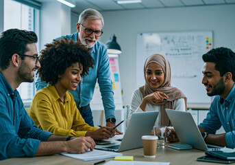 Diverse group of business people collaborating in a meeting. Multi-ethnic team discusses project in modern office. Professional work environment concept.
