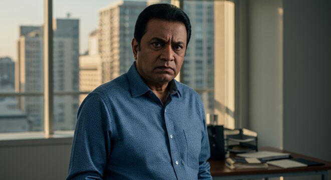 Serious middle-aged man in a blue shirt contemplates in an office, a city view behind him.