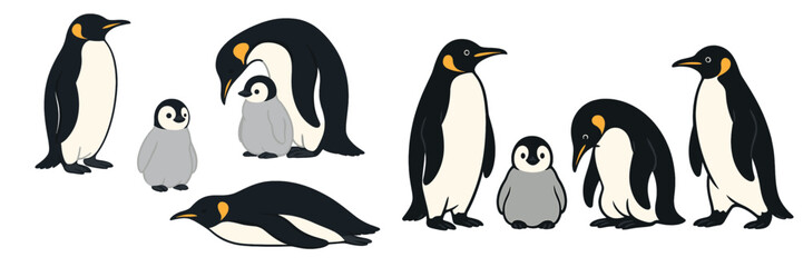 Group of emperor penguins interacting with their chicks in a cold environment