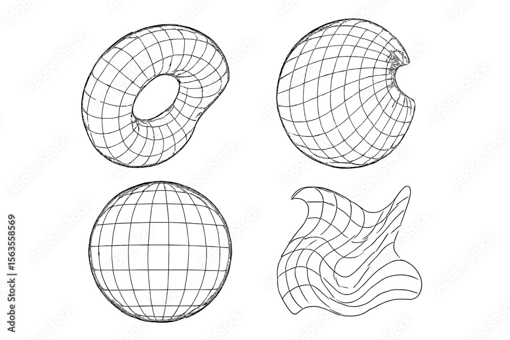 Poster various 3d geometric shapes and structures displayed in a minimalistic style for educational purpose