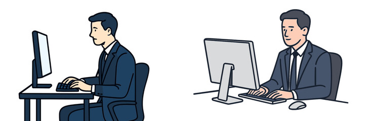 Business professionals working at computers in modern office setting during day