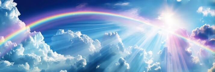 Vibrant rainbow arching across cloudy sky with sun rays and illuminated clouds symbolizing hope, nature beauty, and weather phenomena