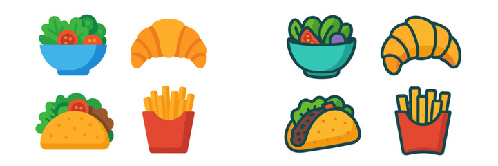 Colorful assortment of fresh food items including salads, croissants, tacos, and fries presented in a vibrant design