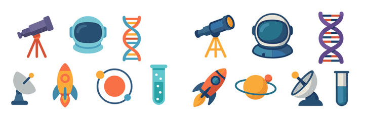 Colorful illustrations of space and science themes with rockets, planets, telescopes, and DNA strands in a bright design