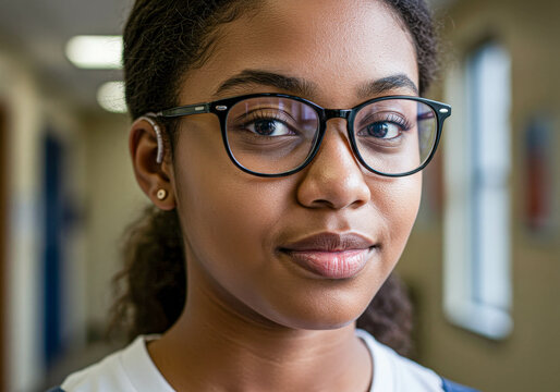 Portrait of a confident african american woman wearing eyeglasses. Female student or professional looking at camera. Vision and education concept. - Powered by Adobe
