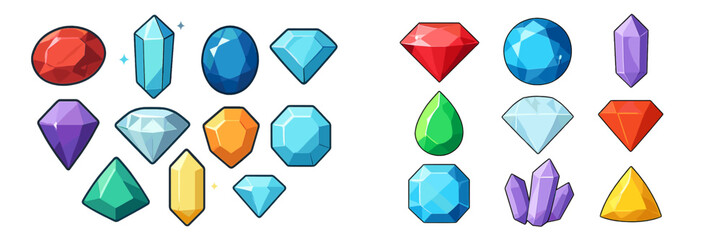 Colorful collection of various gem shapes displayed on a white background for design or artistic purposes