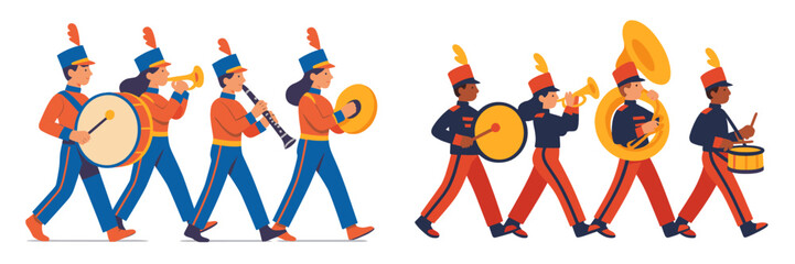 Marching band parades down the street during a festive celebration in a lively neighborhood event