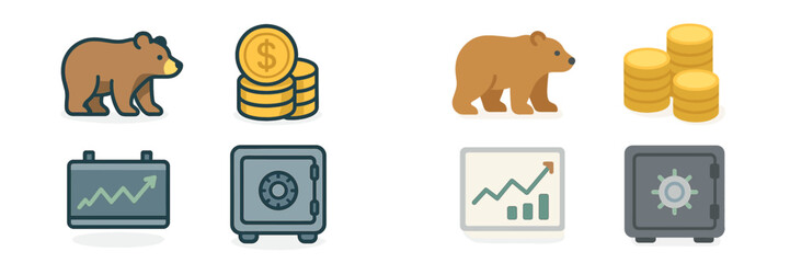 Financial symbols representing bears and bulls with coins, charts, and safes in a colorful illustration