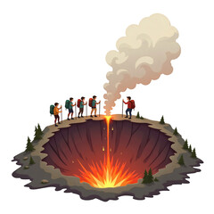 Tourists Hiking Near Smoking Volcano Caldera