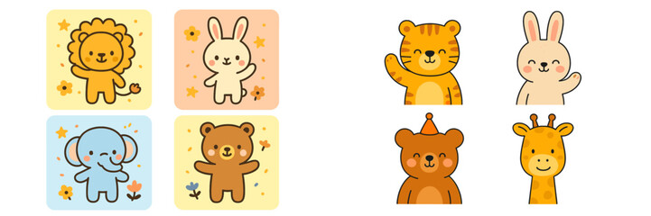 Cute cartoon animals showcase joyful characters on colorful backgrounds in playful illustrations for children
