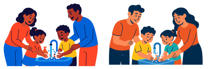 Families practicing handwashing together with children at home during evening routine