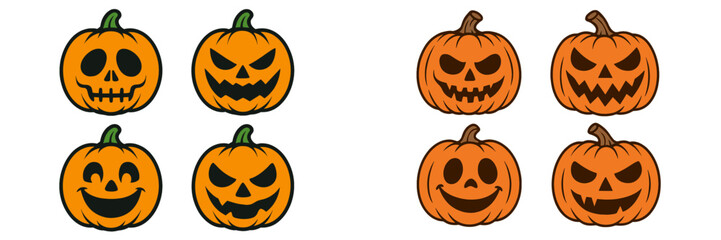Colorful pumpkin illustrations showcasing various creepy and playful faces for Halloween celebrations
