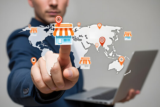 A digital illustration featuring a business concept. In the foreground, a person with light skin is pointing