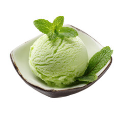 Refreshing scoop of green ice cream with fresh mint leaves isolated on transparent background