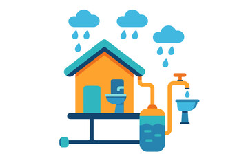 Water management system illustrating home setup during rainy weather with efficient collection and filtration methods