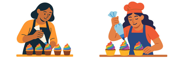 Bakers decorating colorful cupcakes in a cheerful kitchen during a pastry-making session