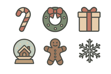 Christmas themed decorative elements featuring candy cane, wreath, gift, snow globe, gingerbread, and snowflake for festive celebrations