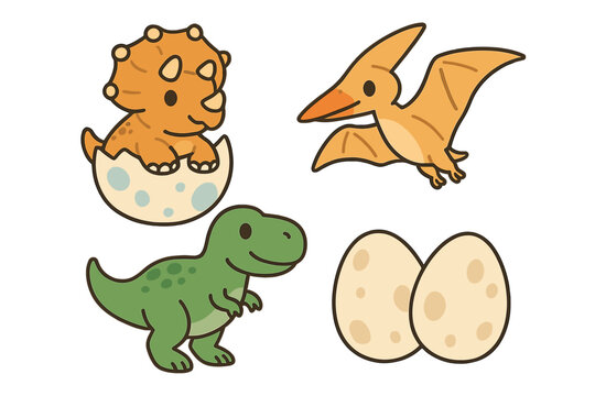 Cute dinosaur illustrations showcasing a hatching triceratops, a pterosaur flying above, and a joyful t-rex next to dinosaur eggs