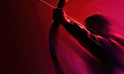 Silhouetted archer aiming in red dramatic lighting – concept of focus, precision, power – perfect for sports, motivation, action themes
