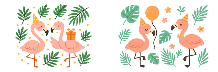 Colorful flamingos celebrate a festive occasion in a lush tropical setting with greenery and colorful decorations