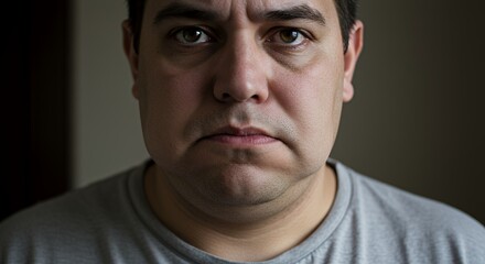 Close-up portrait of a man with a somber expression, showcasing his pensive mood and subtle facial details.